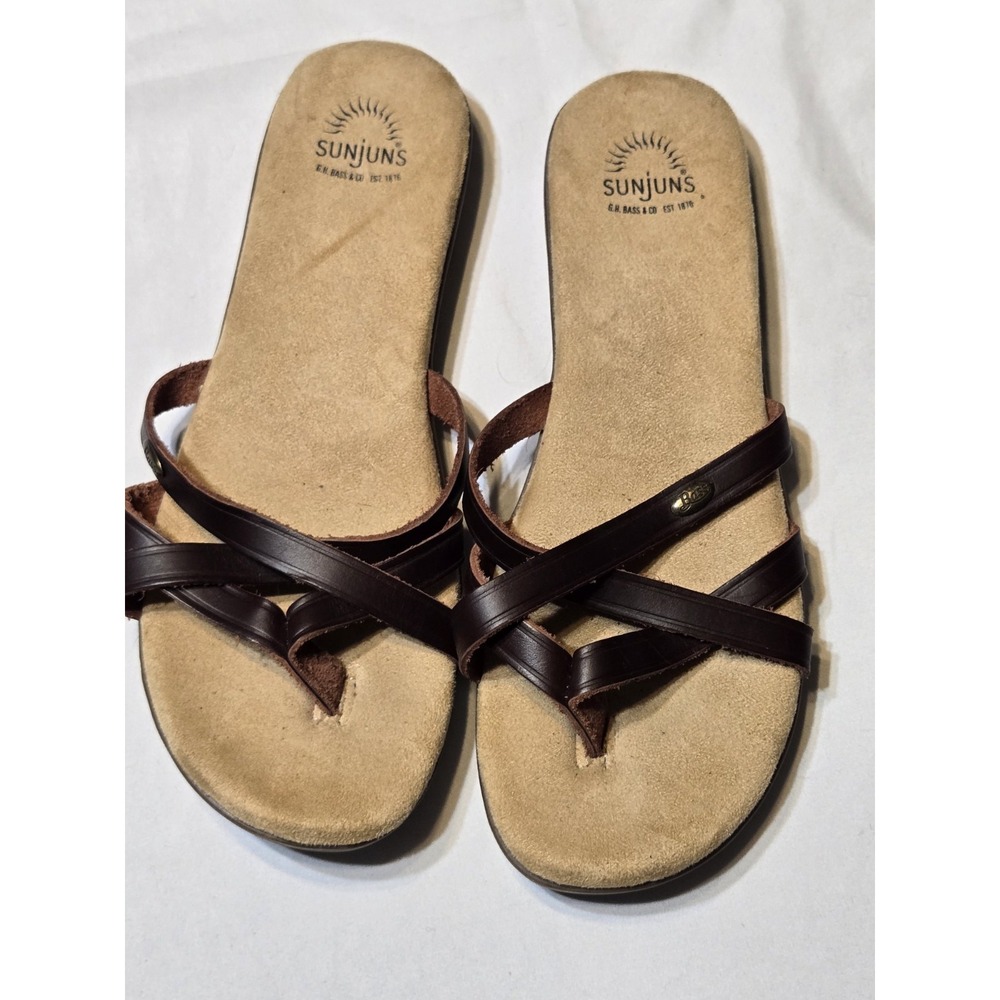 GH Bass &Co SunJuns II Flat Sandals DK BROWN LEATHER FLIPFLOPS SHARON 9.5M NWOT